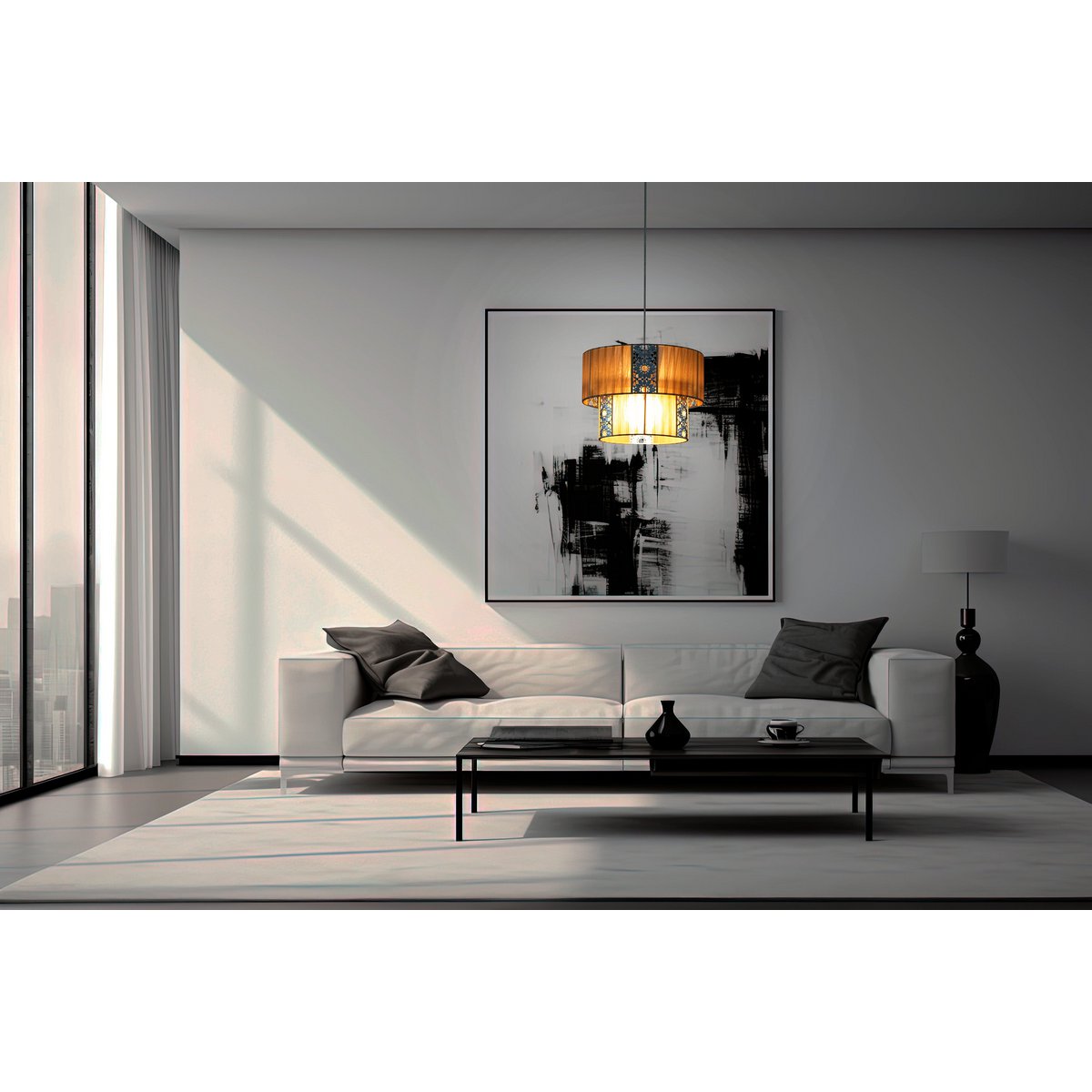 Die Pendelleuchte "PORI" bis zu 120 cm hoch, Ø 30 cm, aus Metall und Polyester, Farbe Cappuccino, E27-Fassung