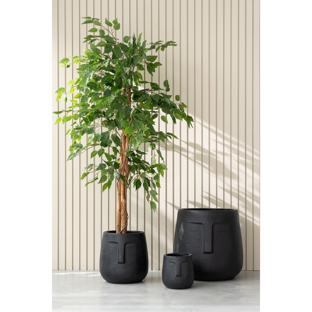 3er Set Übertöpfe Moai – Moderne Pflanzgefäße aus Ton in Schwarz