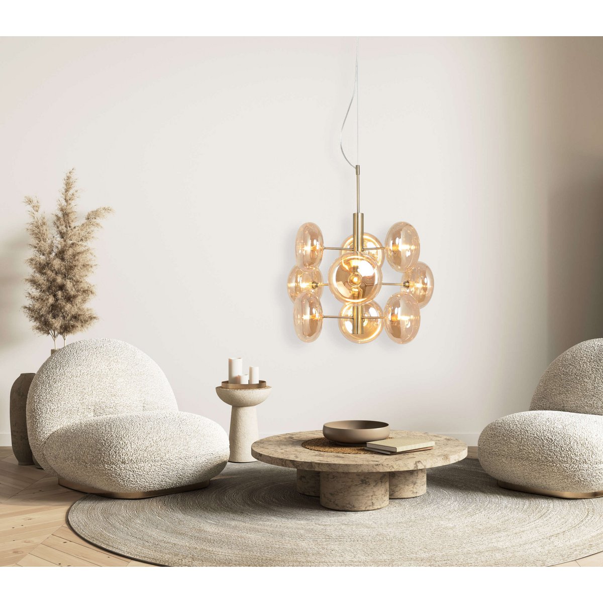 Pendelleuchte "ORION" Ø ca. 53 cm, aus messingfarbenem Metall und Glas in amber, G9-Sockel, Beleuchtung für Wohnzimmer, Esszimmer oder Büro.