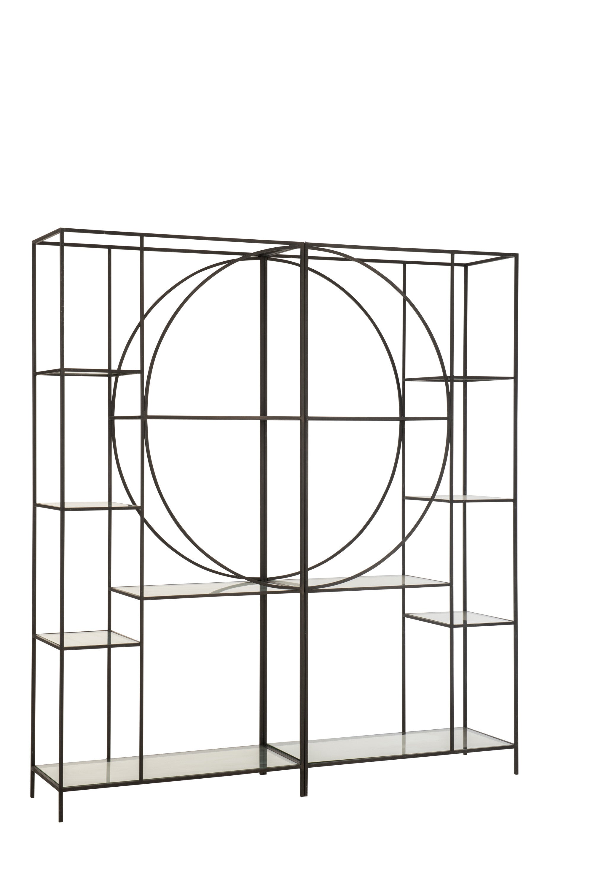 Elegantes 2-teiliges Regal Mixon im Kreisdesign aus Metall und Glas in Schwarz