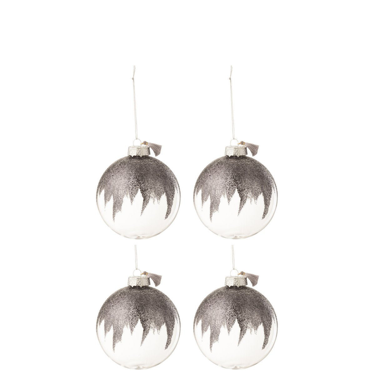 J-Line Box mit 4 Weihnachtskugeln, glitzernder Mini-Pinsel, graues Glas, transparent, mittelgroß