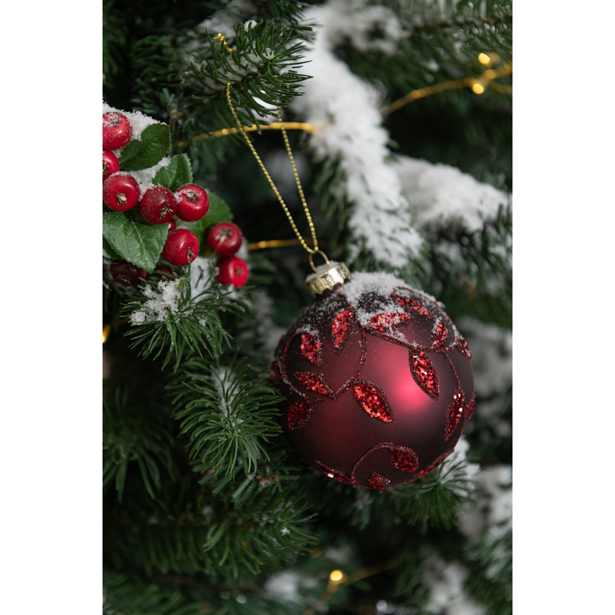 J-Line Box mit 6 Weihnachtskugeln, Blätter, glitzerndes Glas, matt, Weihnachtsrot, klein