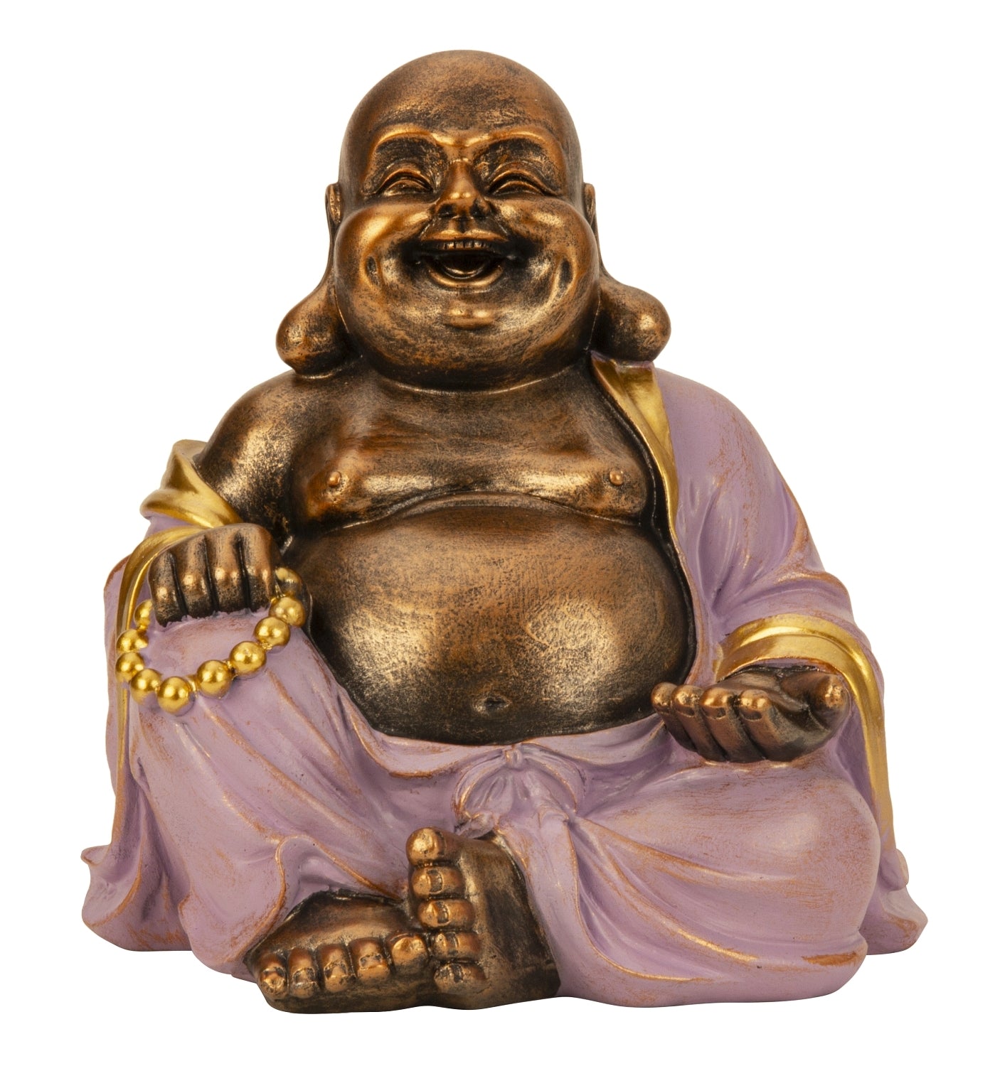 Lachende Buddha Figur mit dickem Bauch – Glückssymbol Dekofigur in Lila Gold