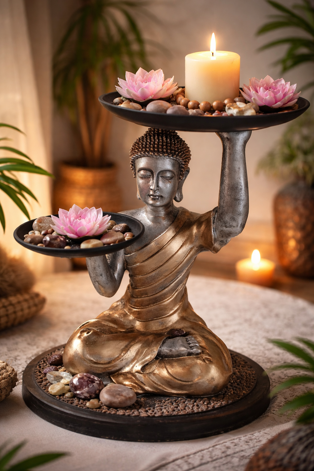 Buddha Figur Siddhara mit Serviertabletts gold dekorative Ablagefigur