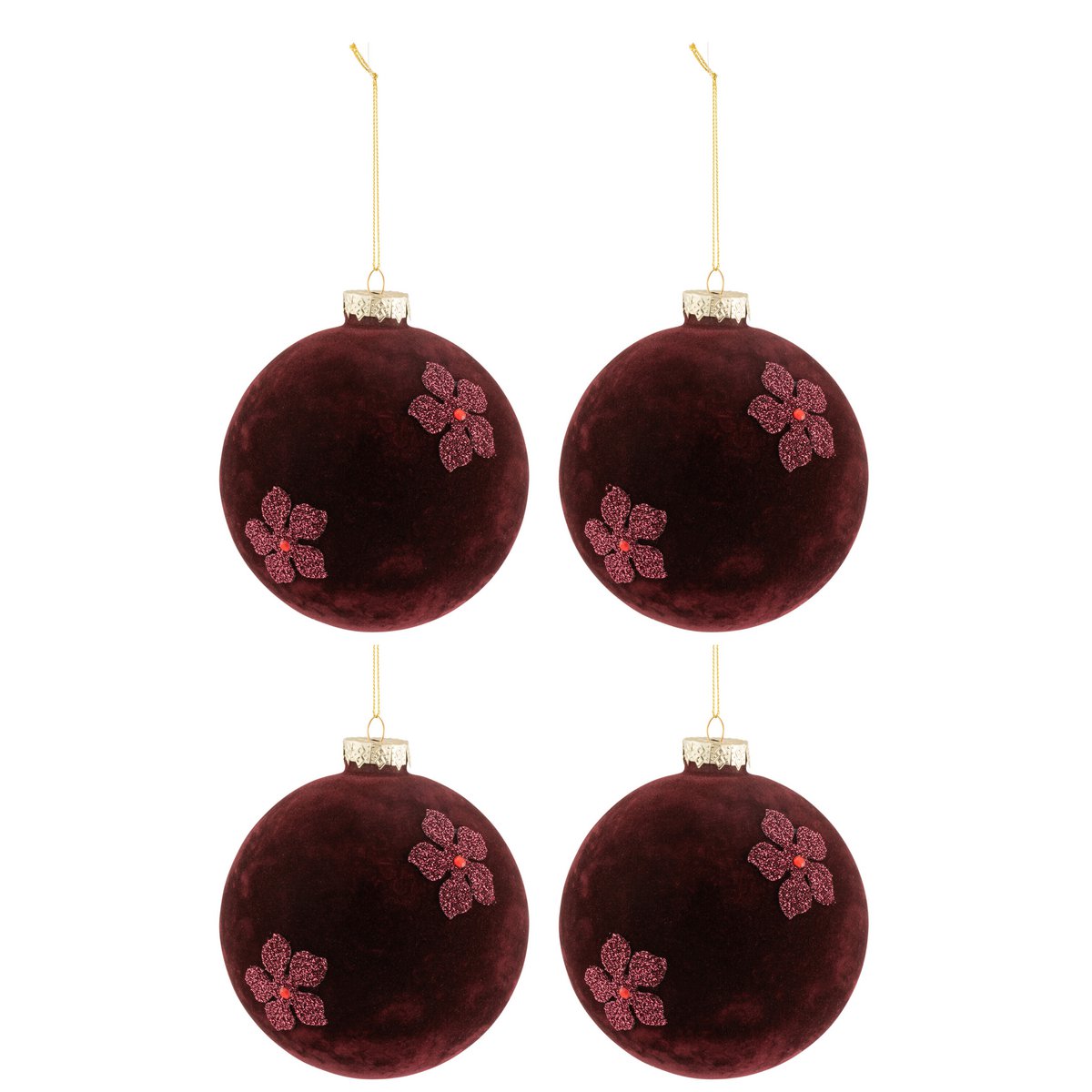 J-Line Box mit 4 Weihnachtskugeln, Blumen, Samt, Glas, Burgunderrot, groß