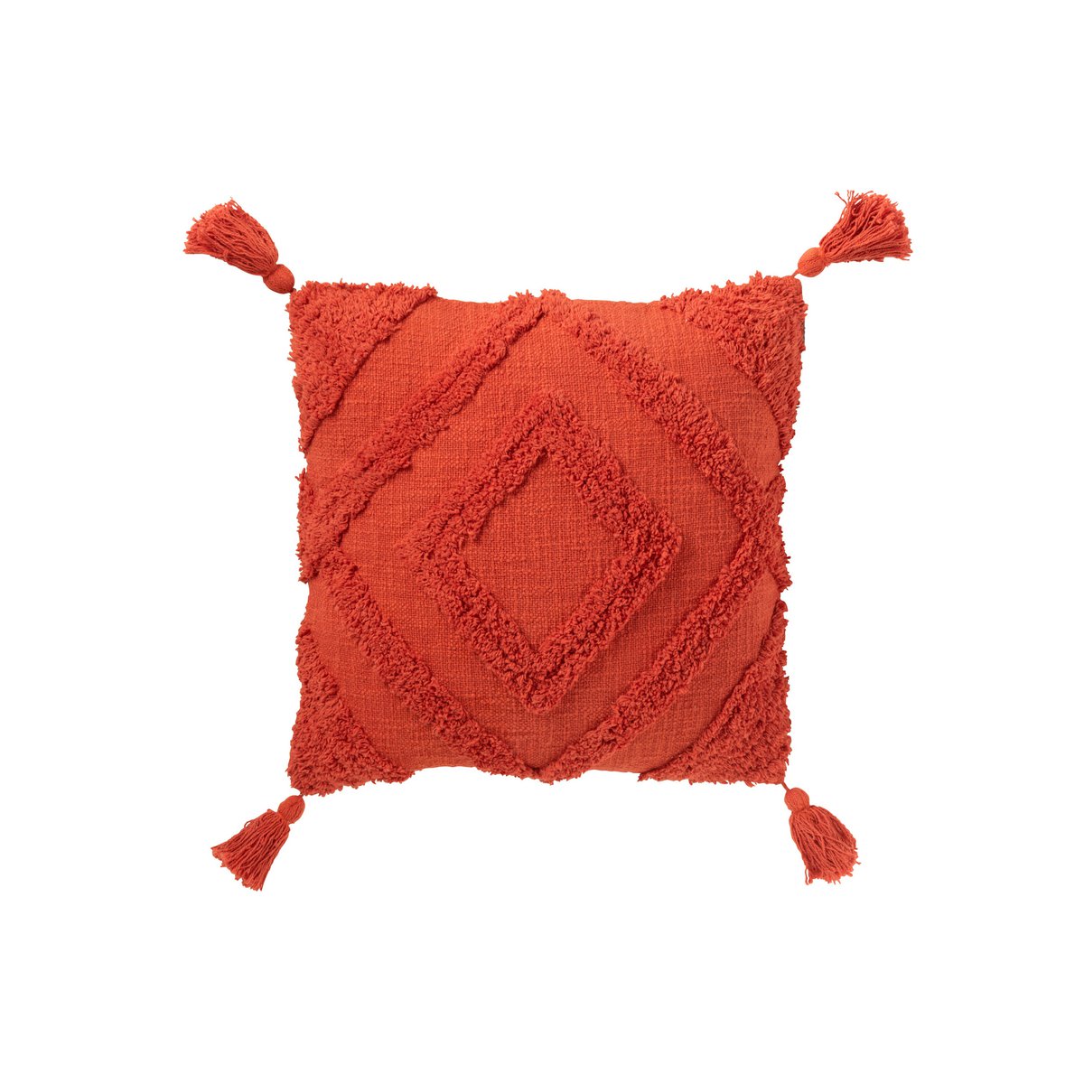 Quadratisches Kissen mit Quasten und Muster – Ziegelrot Boho Design