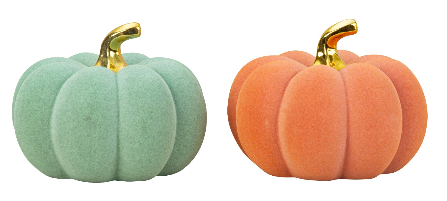 Kürbis Skulptur Cozy Colors Orange Mintgrün Samtoptik 19cm Halloween Deko Dolomit Figur