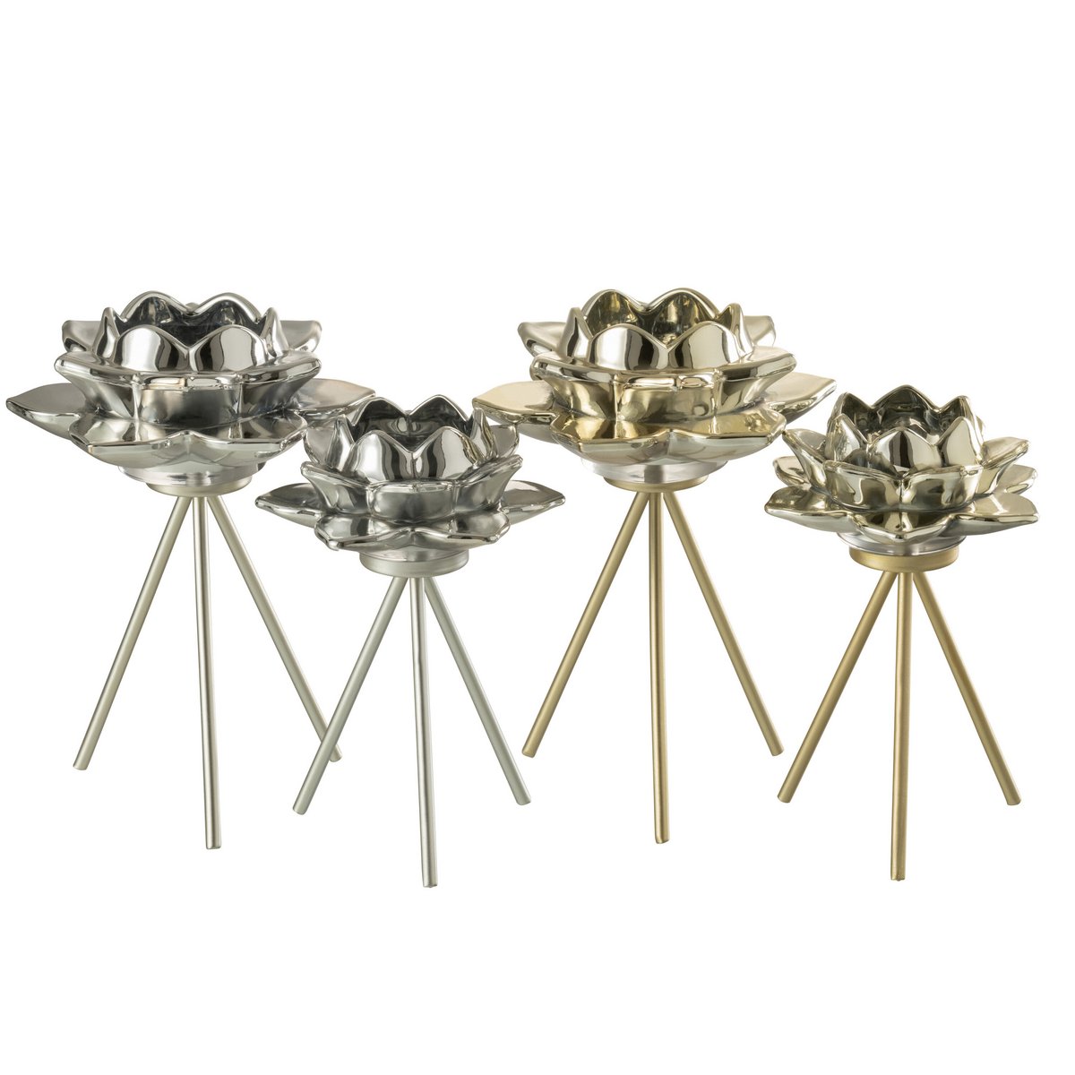 Luxuriöser Teelichthalter in Blumenform mit Dreibein-Stativ, Gold