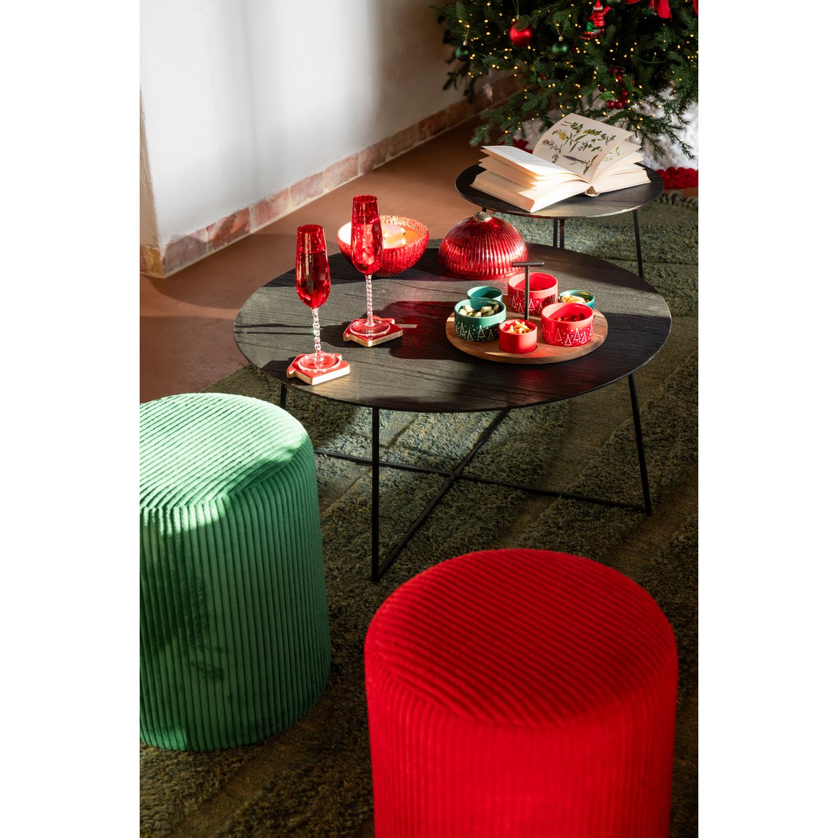 Beistelltisch Set Rund Schwarz Teakholz Metall 2 Stück