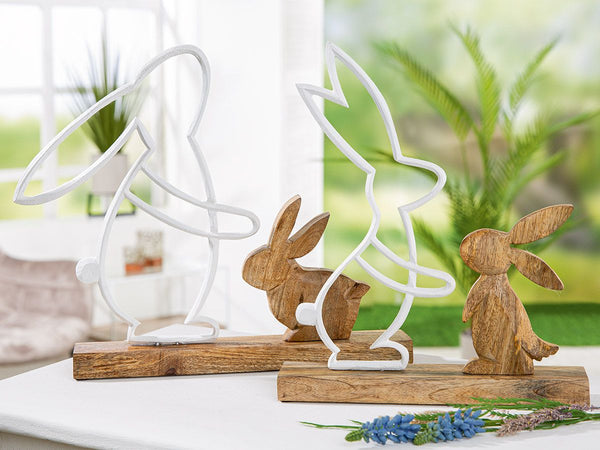 Rustikales 4er Set 'Lebre' Holzdeko Hasen auf Standbasis – Weiß & Naturfarben, 29,5 cm Höhe