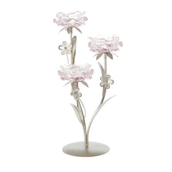 Dekorativer Glas-Teelichthalter Blume für drei Teelichte, 21,5 x 18,5 x 38,5 cm, rosa- Für romantische Akzente