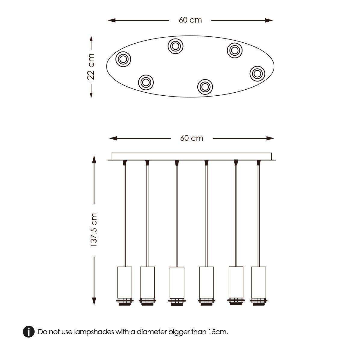 Ovale Hängelampe aus schwarzem Metall, 6 l – 60/22/137,5 cm
