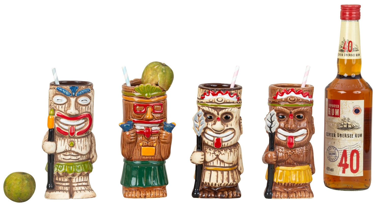 Tiki Cocktail Becher Set aus Keramik 4er Set – Farbiges Design 440-550 ml