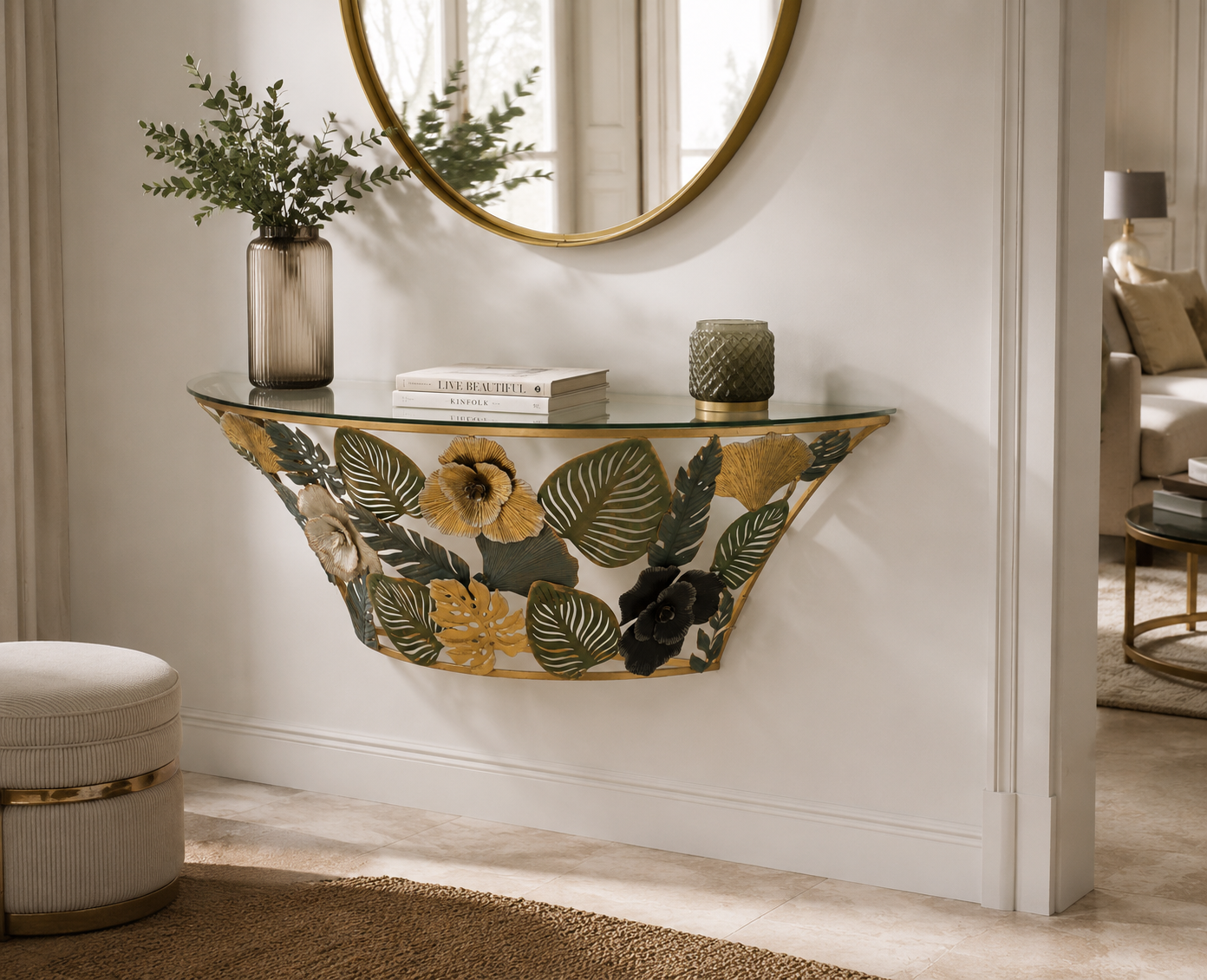 Wandkonsole Jungle Bloom Metall mit Glasplatte