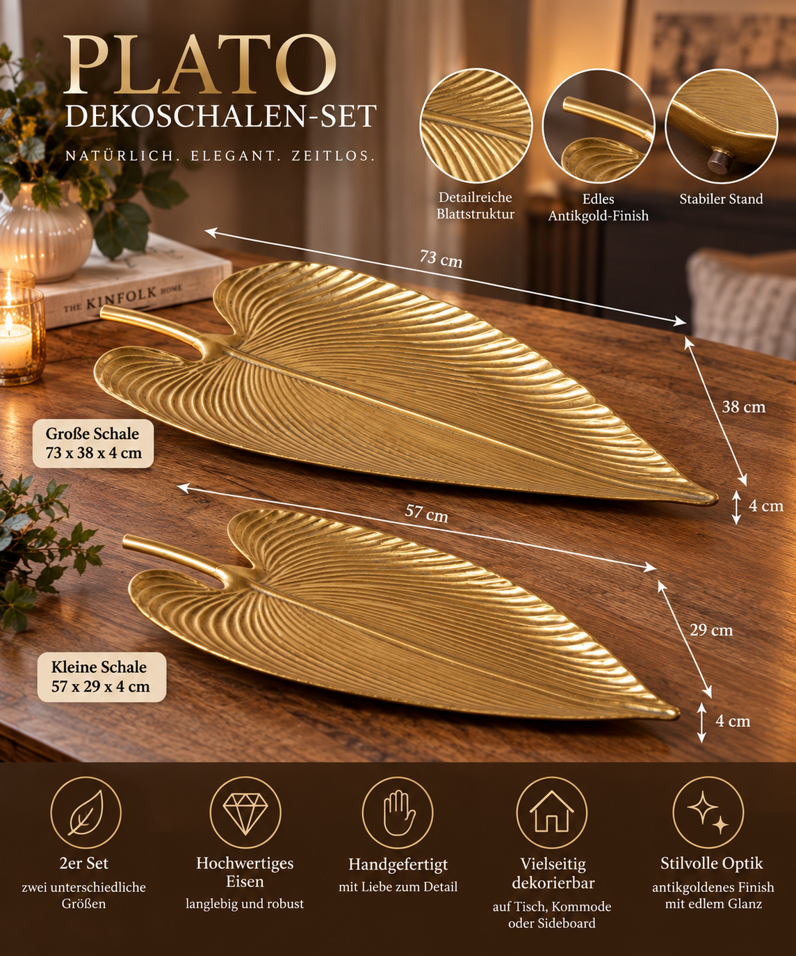 Handmade bowl set Plato in leaf shape, antique gold metallic, 2-piece 73cm