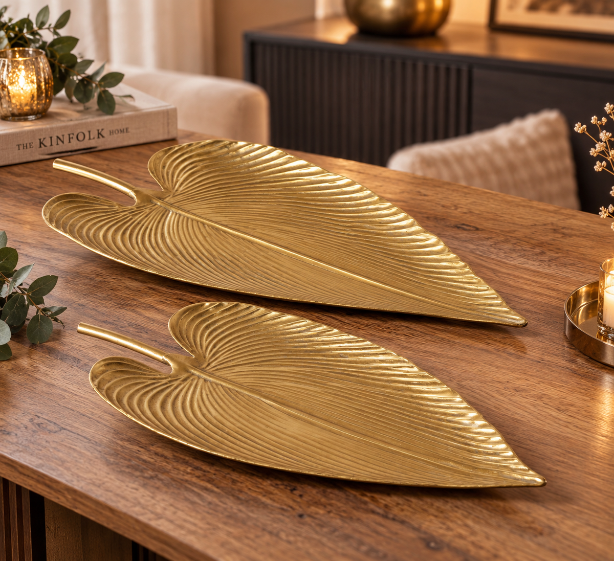 Handmade bowl set Plato in leaf shape, antique gold metallic, 2-piece 73cm