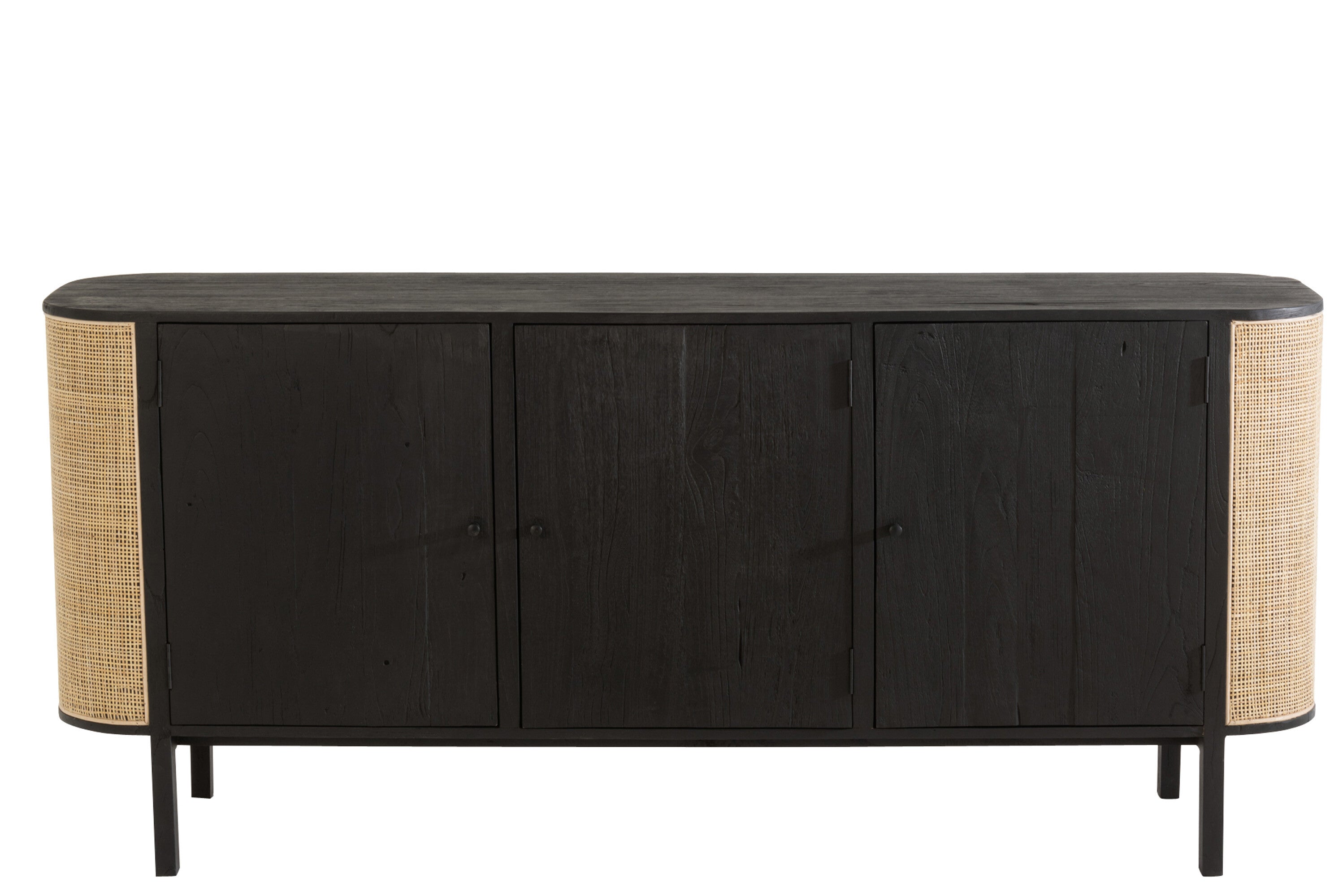 Molly Sideboard Kommode mit 3 Türen - Ein exotischer Mix aus Holz und Rattan in Schwarz