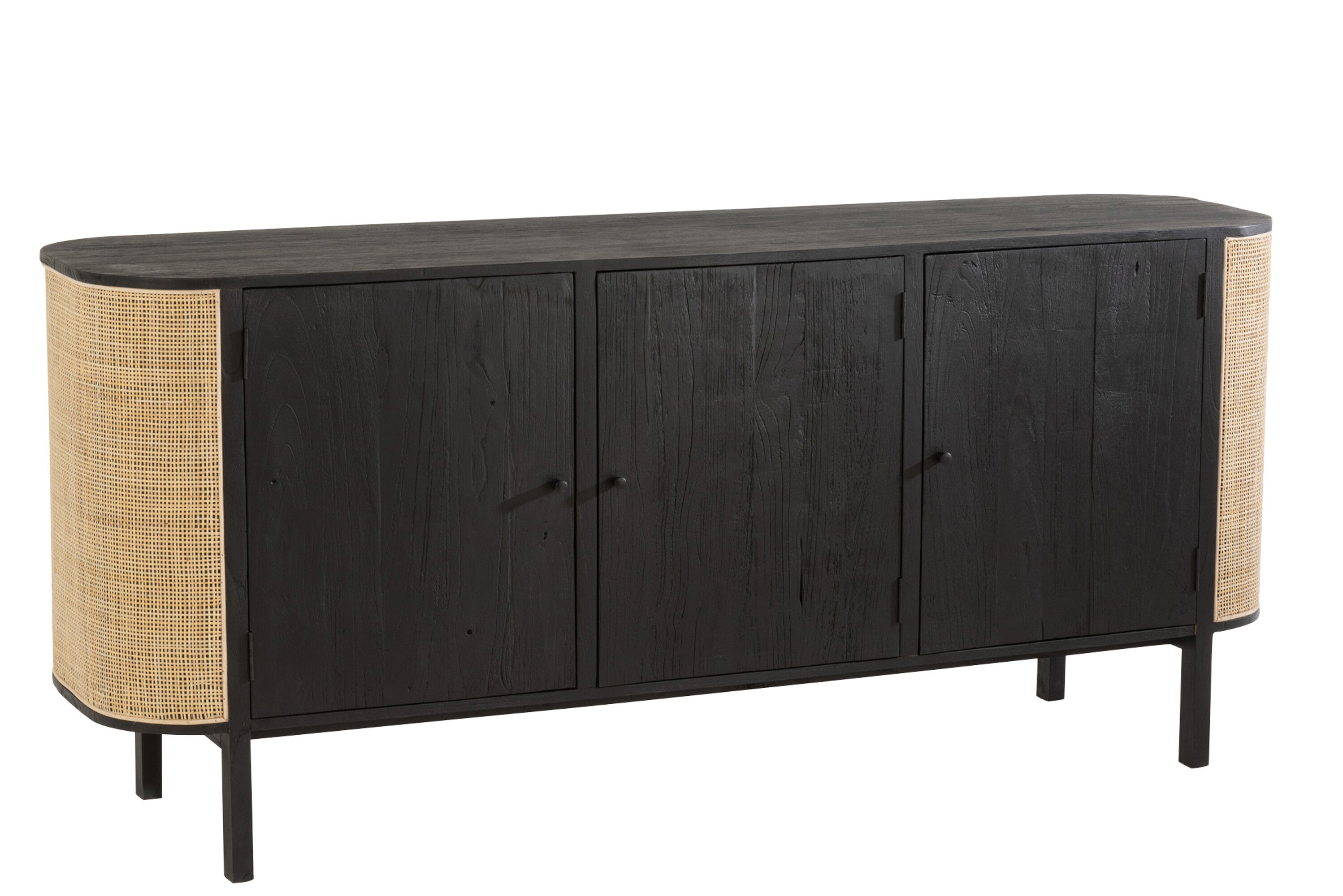 Molly Sideboard Kommode mit 3 Türen - Ein exotischer Mix aus Holz und Rattan in Schwarz