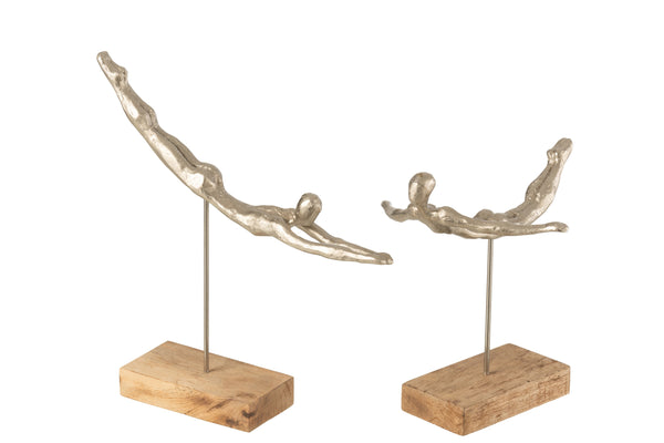 Elegantes 2-teiliges Schwimmer-Figurenset in Silber auf Mangobaum-Basis