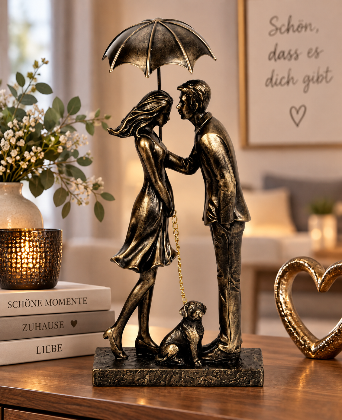 Dekofigur Paar mit Hund unter Regenschirm Gold Schwarz 32cm