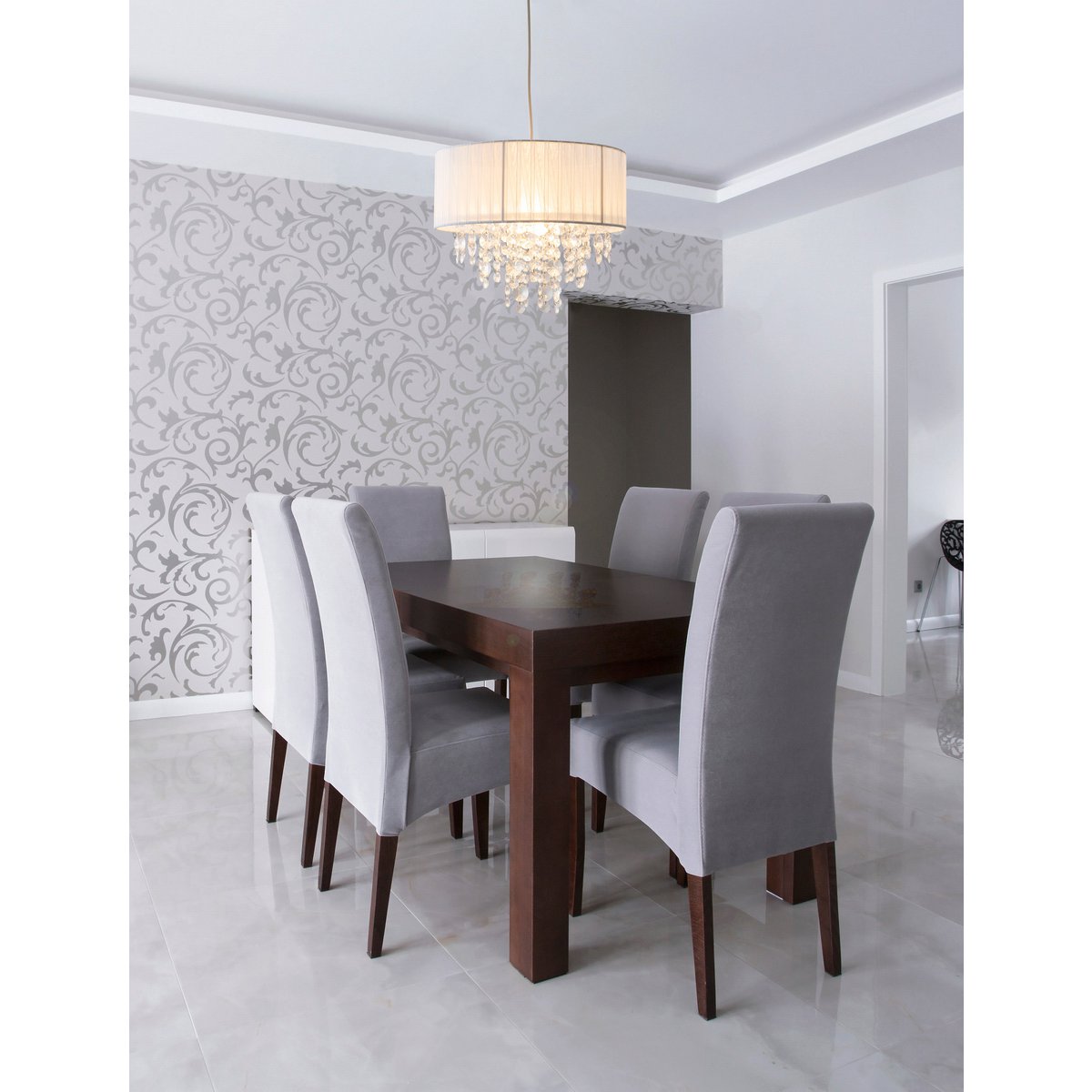 Deko-Pendelleuchte "KRISTALLO", Hängelampe aus Metall, transparentem Kunststoff und weißem Textilmaterial, E27-Fassung, für Esszimmer, Wohnzimmer, Diele oder Büro, 30 cm Durchmesser