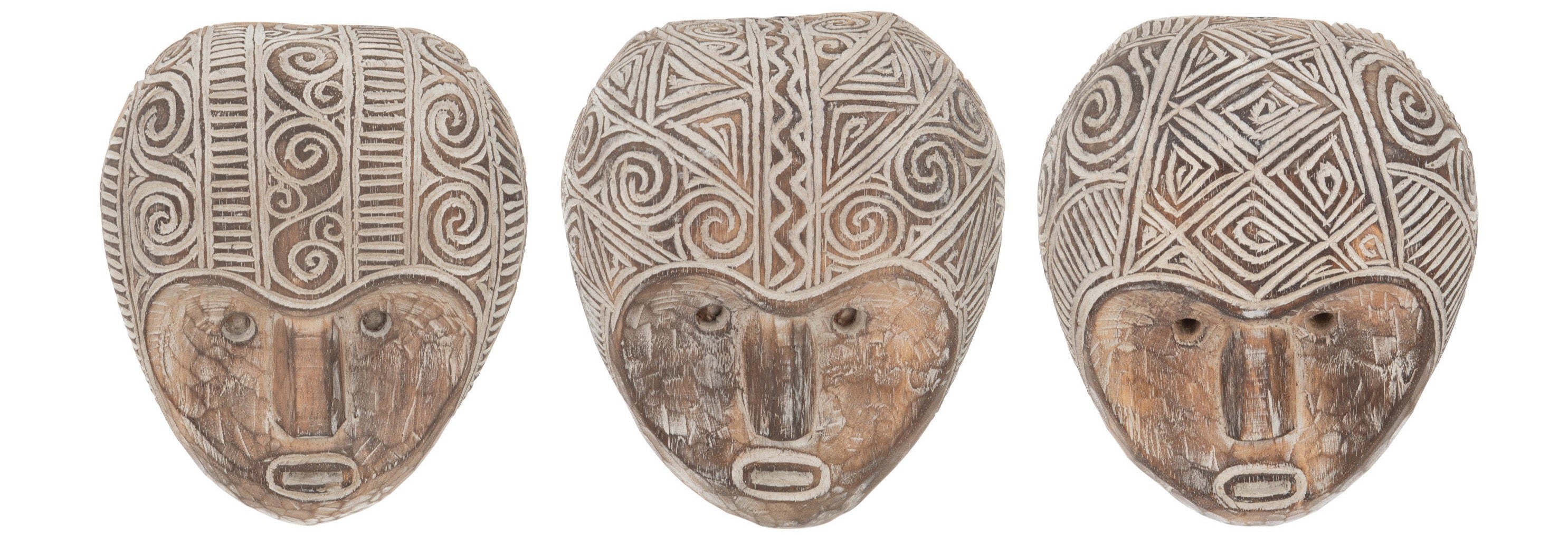 Set van 3 Wanddecoratie Masker Primitive - Handgemaakte Alabasia maskers in bruin en wit - Exotische en stijlvolle accenten voor uw leefruimte