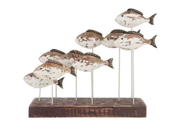 Handgefertigter Fischschwarm auf Fuß aus Albasia-Holz, 2er Set - Weiß & Braun 40cm Höhe
