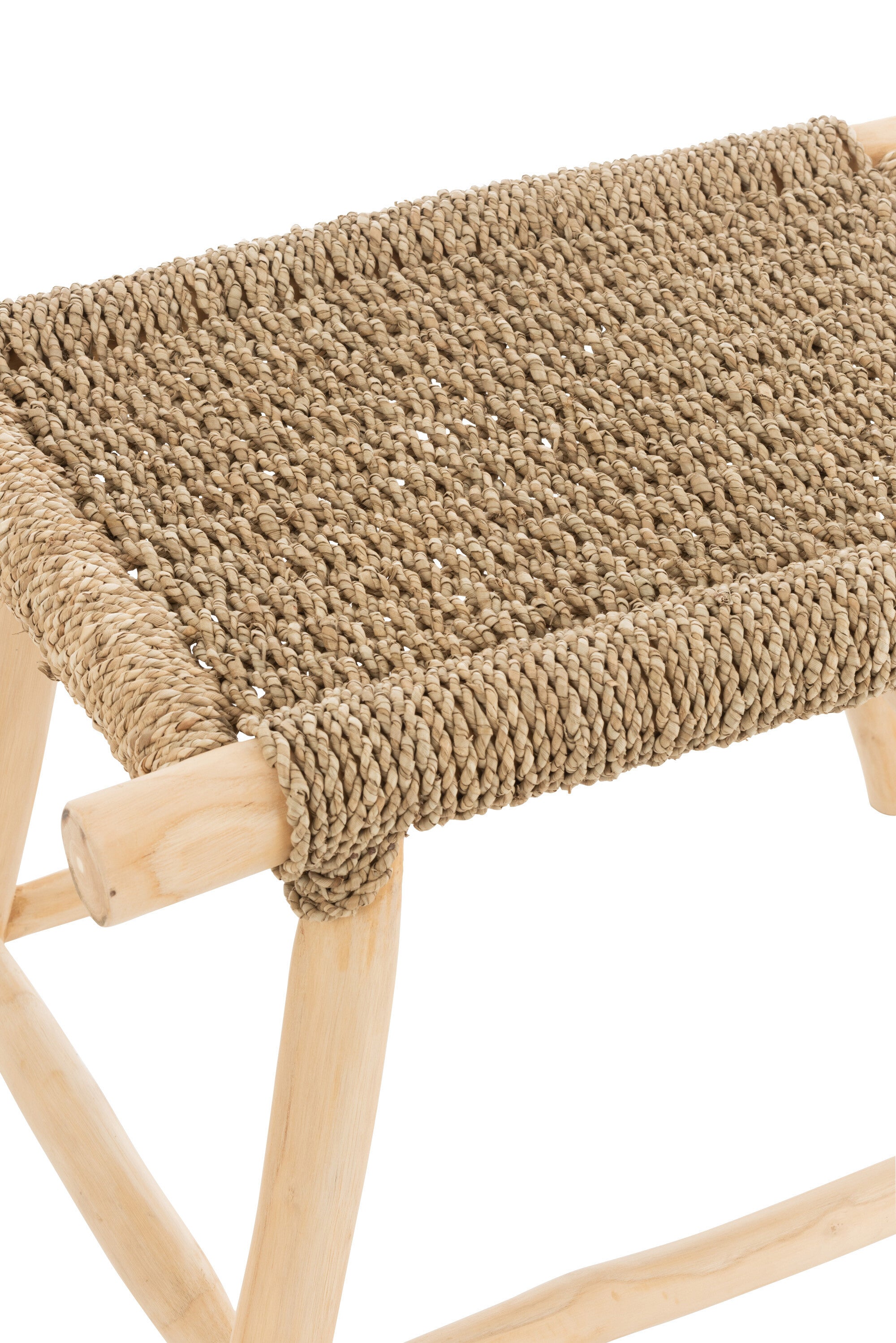 Handgefertigter Hocker "Timo", Gras/Teakholz, Naturfarben, Groß