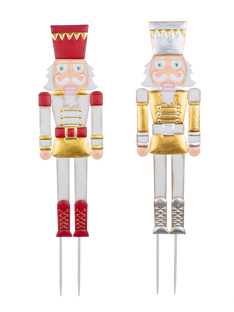 Nussknacker 4er Set Gartenstecker in Gold, Rot und Weiß – 92 cm Metall