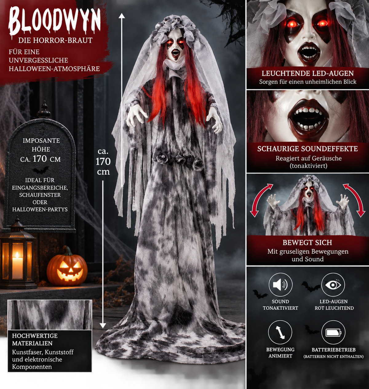 Horror bride Bloodwyn with sound and LED eyes 170cm