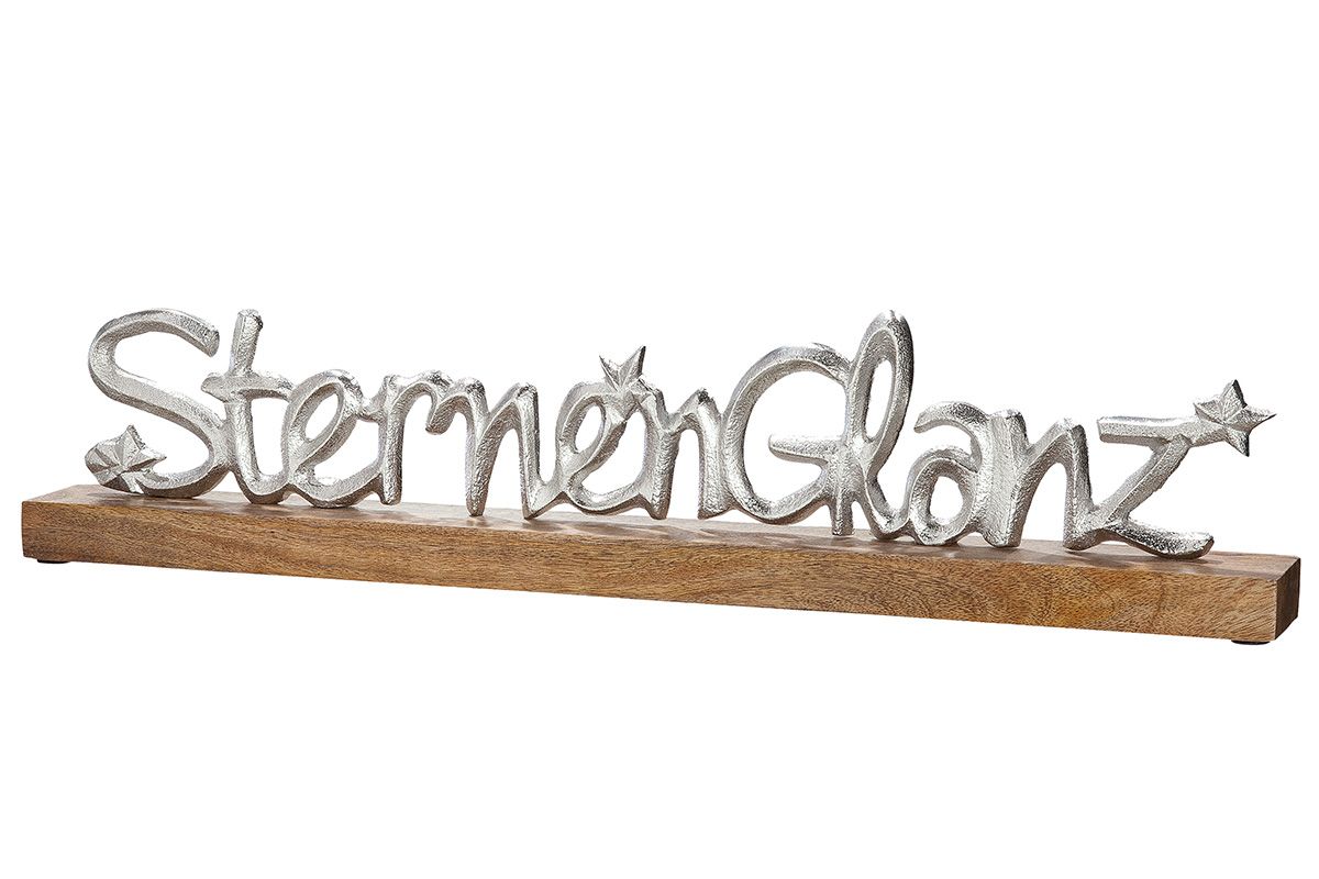 Schriftzug Sternenglanz aus Aluminium und Mangoholz Weihnachtsdeko