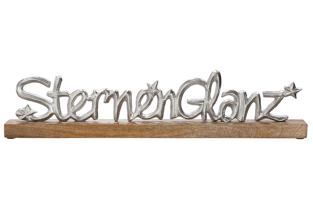 Schriftzug Sternenglanz aus Aluminium und Mangoholz Weihnachtsdeko