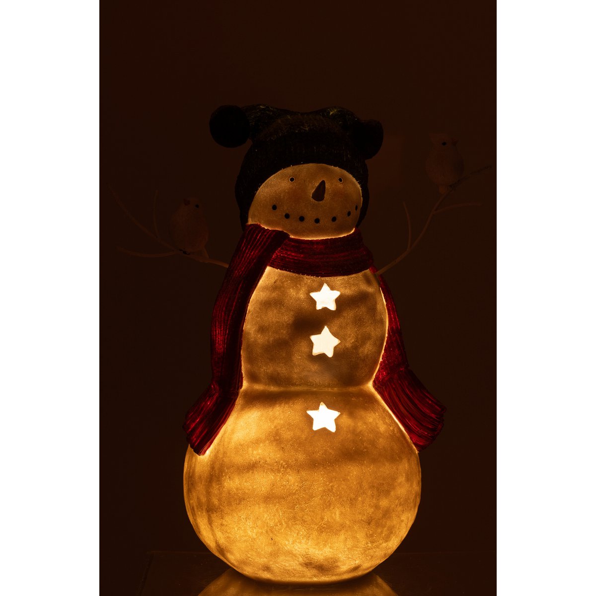 Schneemann LED Figur mit Vögeln 50 cm Rot Grün