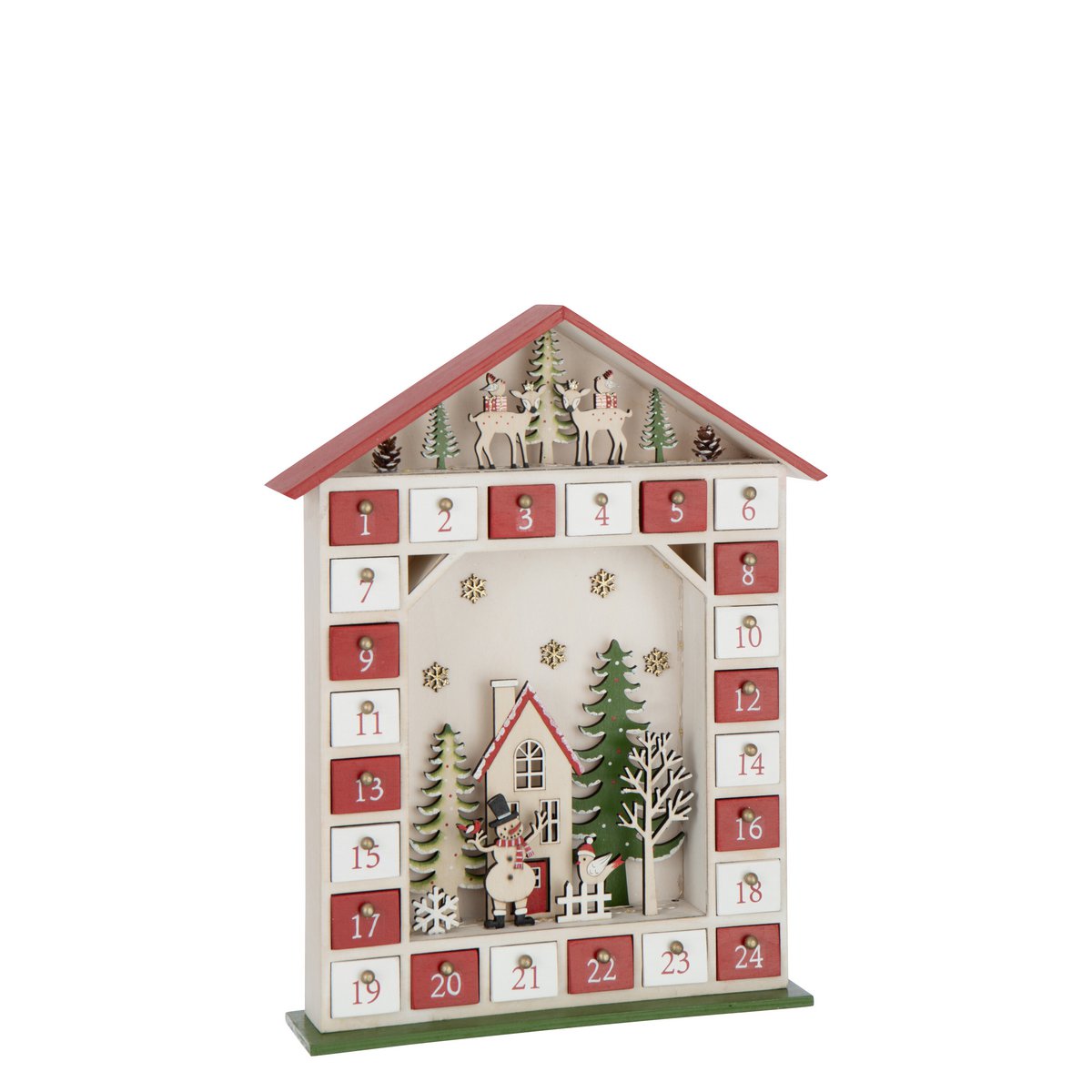 Adventskalender Haus Holz Rot Weiß mit LED Beleuchtung