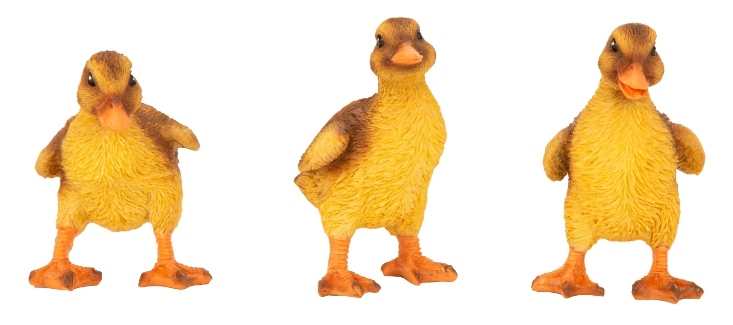 Niedliche Entenküken Dekofiguren gelb aus Polyresin 3er Set für Frühling und Ostern