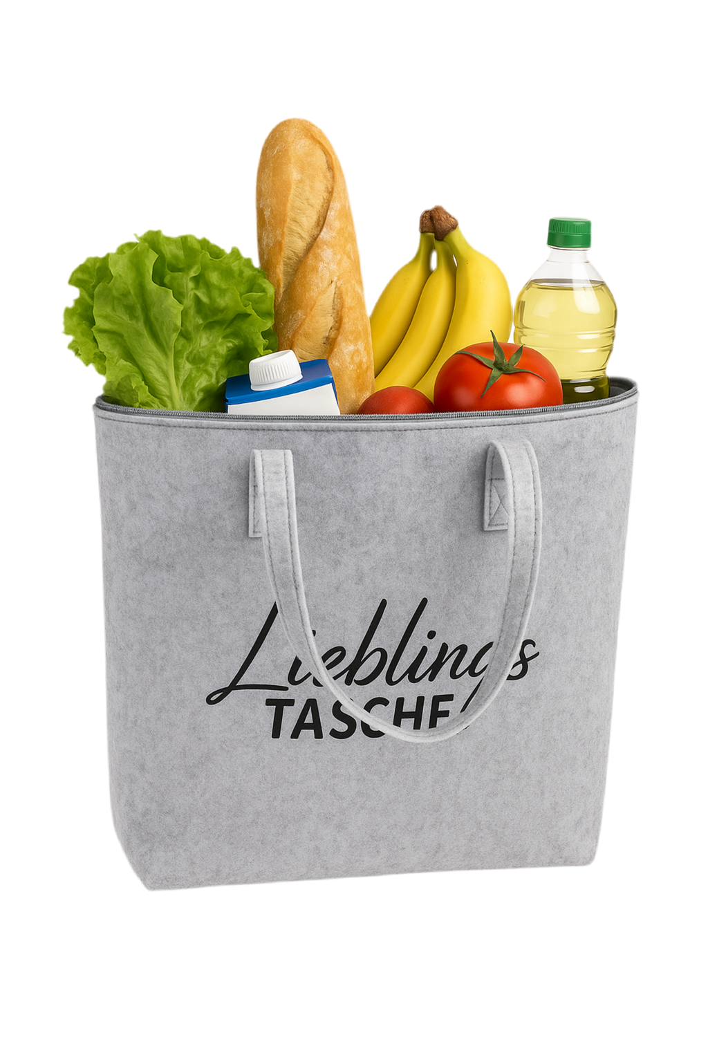 Filz Tasche hellgrau mit Reißverschluss und Schriftzug Lieblingstasche 35x45 cm