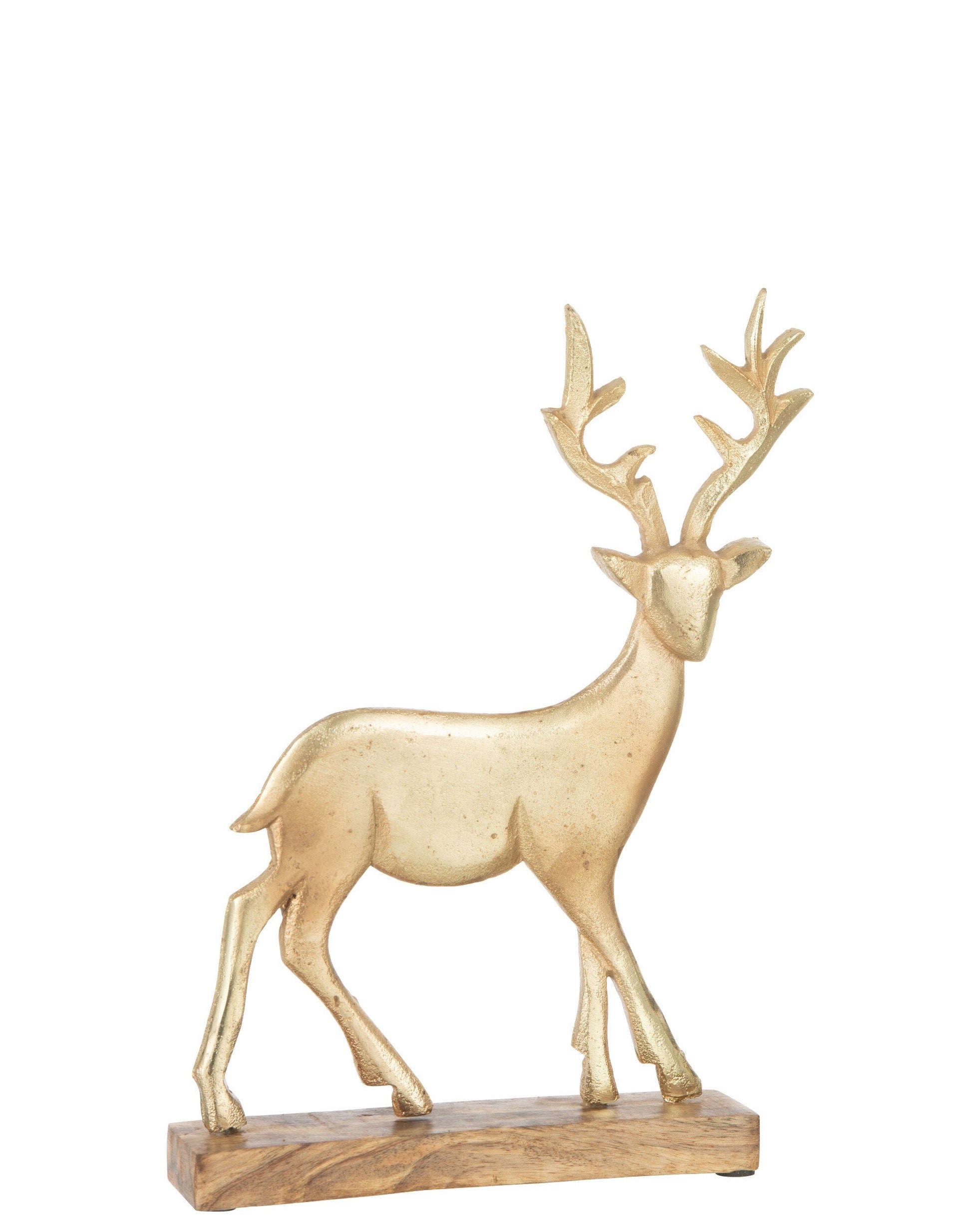 Handgefertigtes Rentier-Dekor 'Golden Elegance' auf Holzbasis, Aluminium, Gold, 32cm Höhe