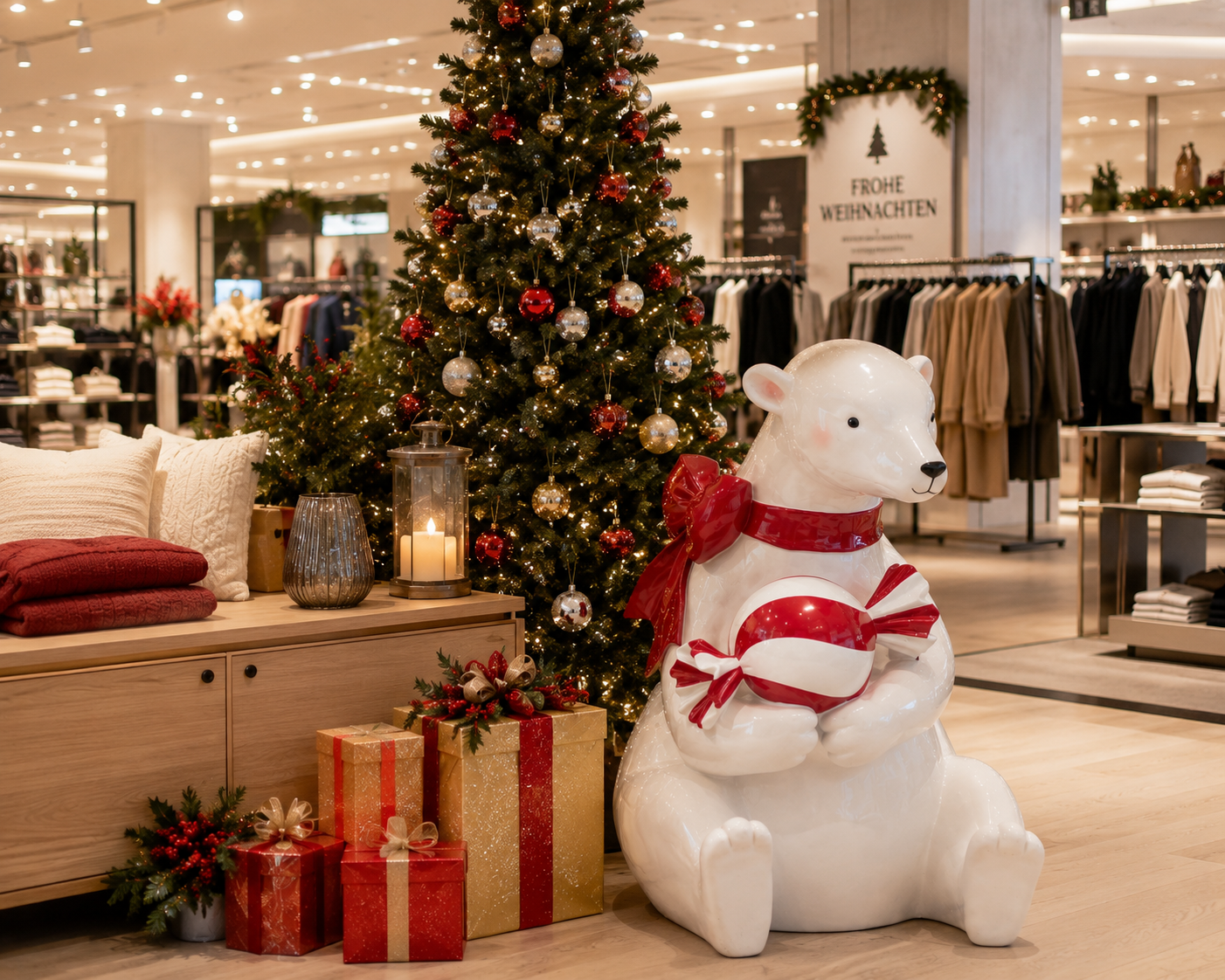XXL Deko Eisbär Candy Noel Sitzend mit Süßigkeiten Weiß Rot 108 cm