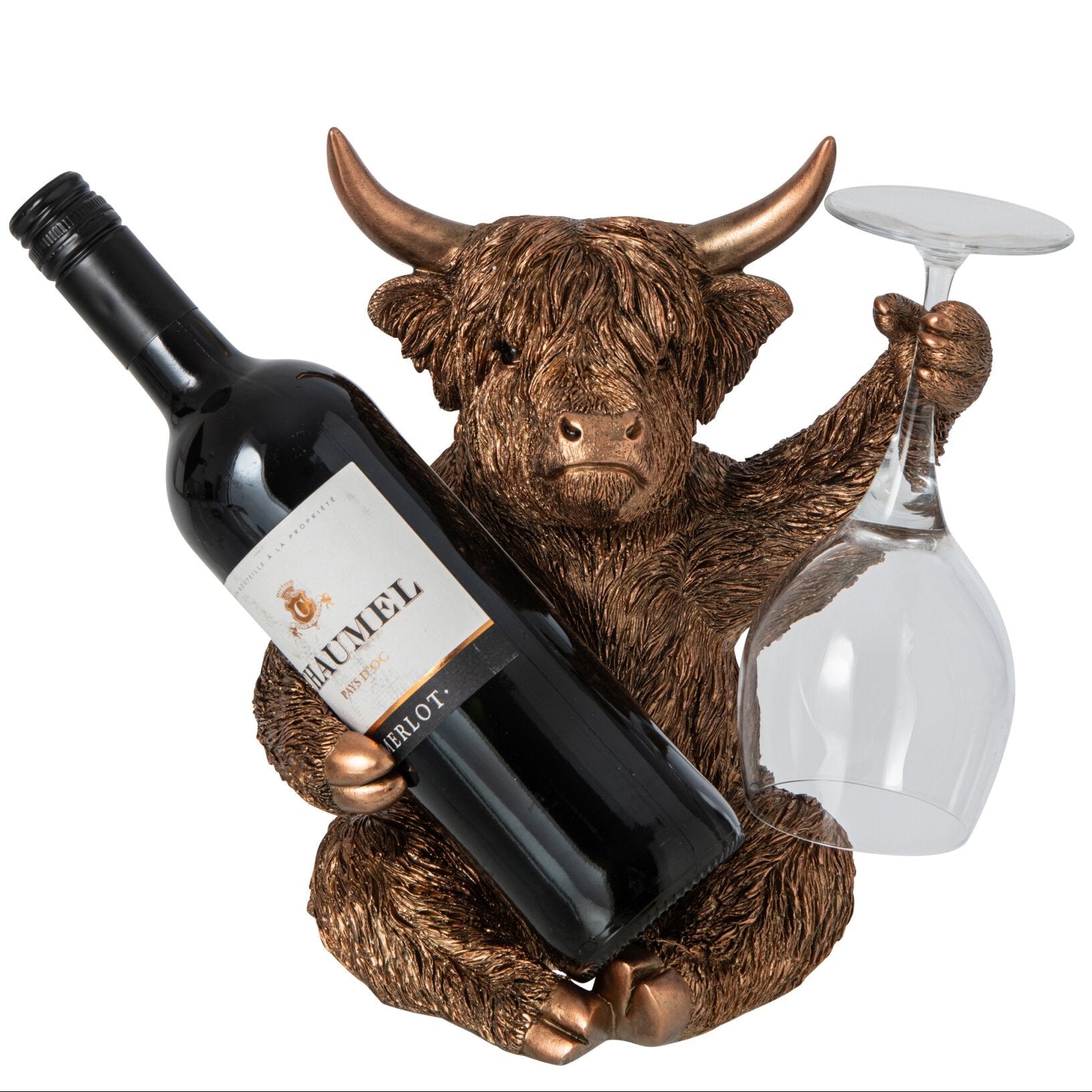 Weinflaschenhalter und Weinglashalter Stier Bacco kupferfarben 27 cm