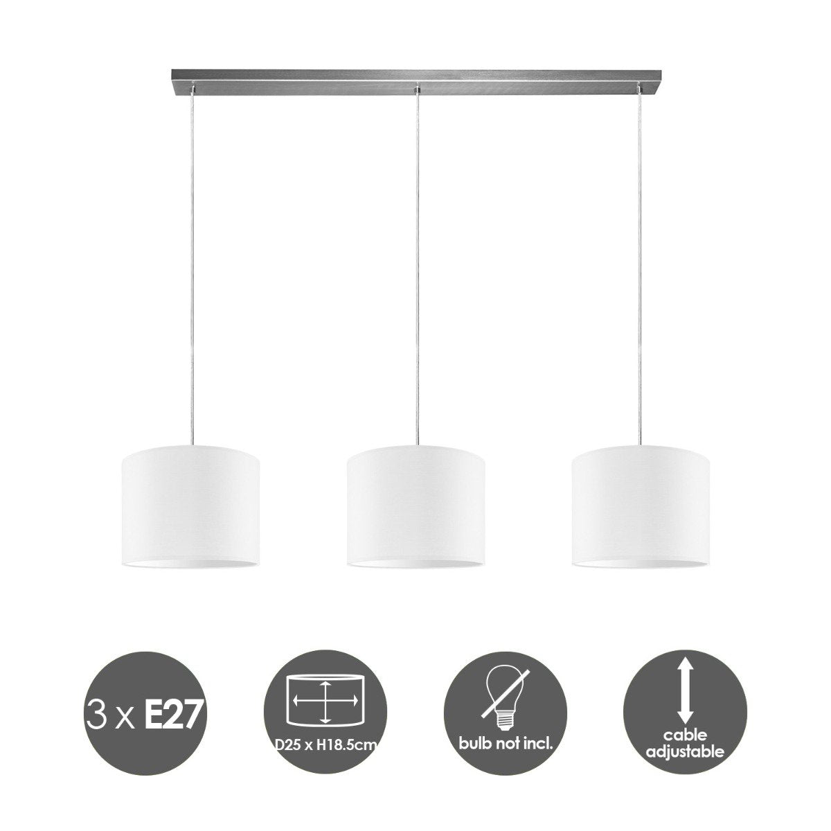 Hängelampe Beam 3L, E27, weißer Lampenschirm, 25 cm