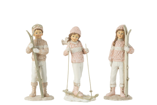 6er-Set Handbemalte Weihnachtsfiguren, Mädchen und Jungen auf Skiern, Weiß/Rosa