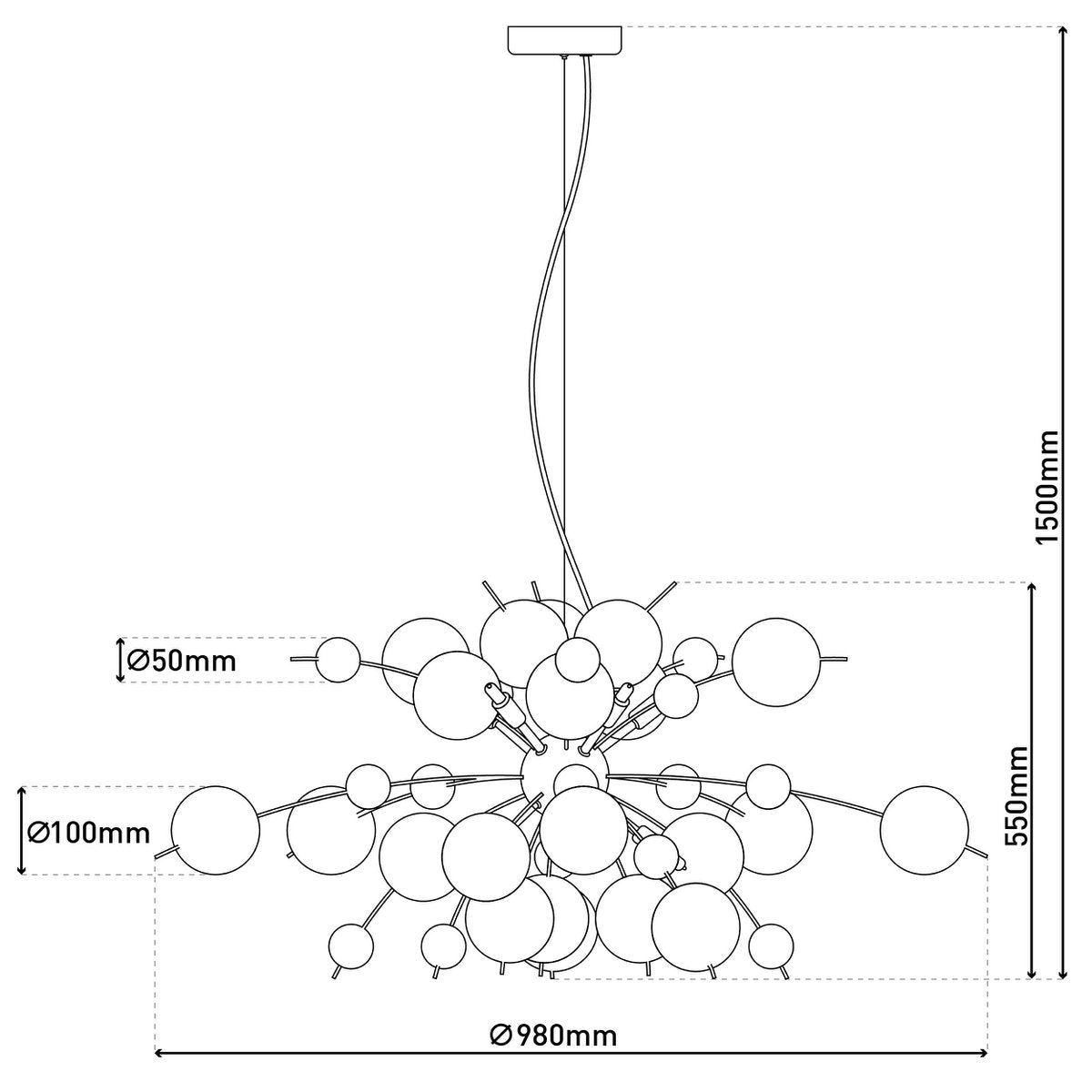 Pendelleuchte "EXPLOSION" bunt aus Metall und Glas, G9 Fassungen, Hängelampe für Esszimmer, Wohnzimmer, Diele oder Büro, Øca. 98 cm