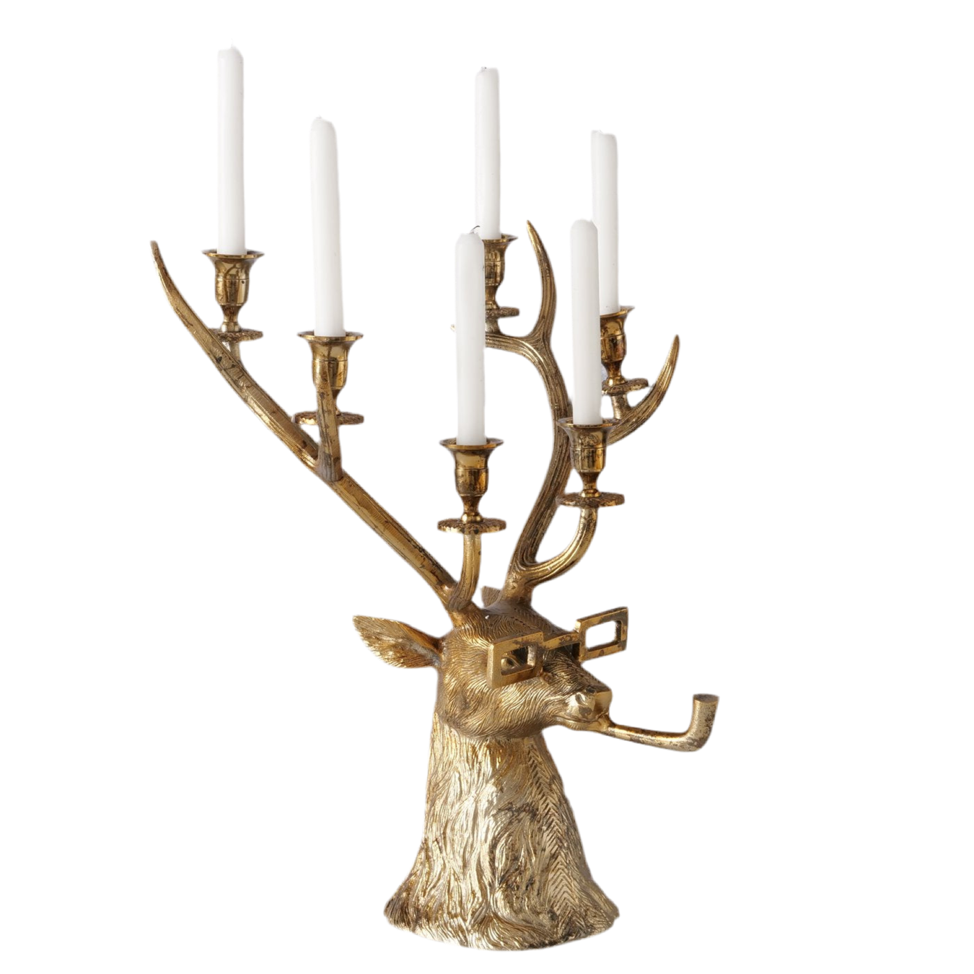 Antiker Hirsch Kerzenleuchter JONNY aus Alu mit Brille und Pfeife