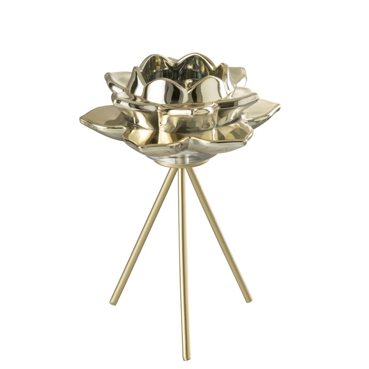 Luxuriöser Teelichthalter in Blumenform mit Dreibein-Stativ, Gold
