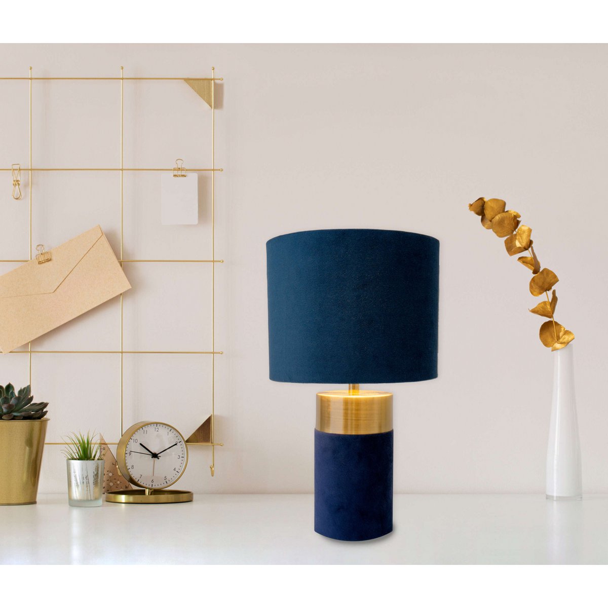 Tischleuchte "BORDO" 32cm hoch aus Metall und Velours in Gold und Blau, mit E14-Fassung, Lampe für Esszimmer, Wohnzimmer, Diele oder Büro