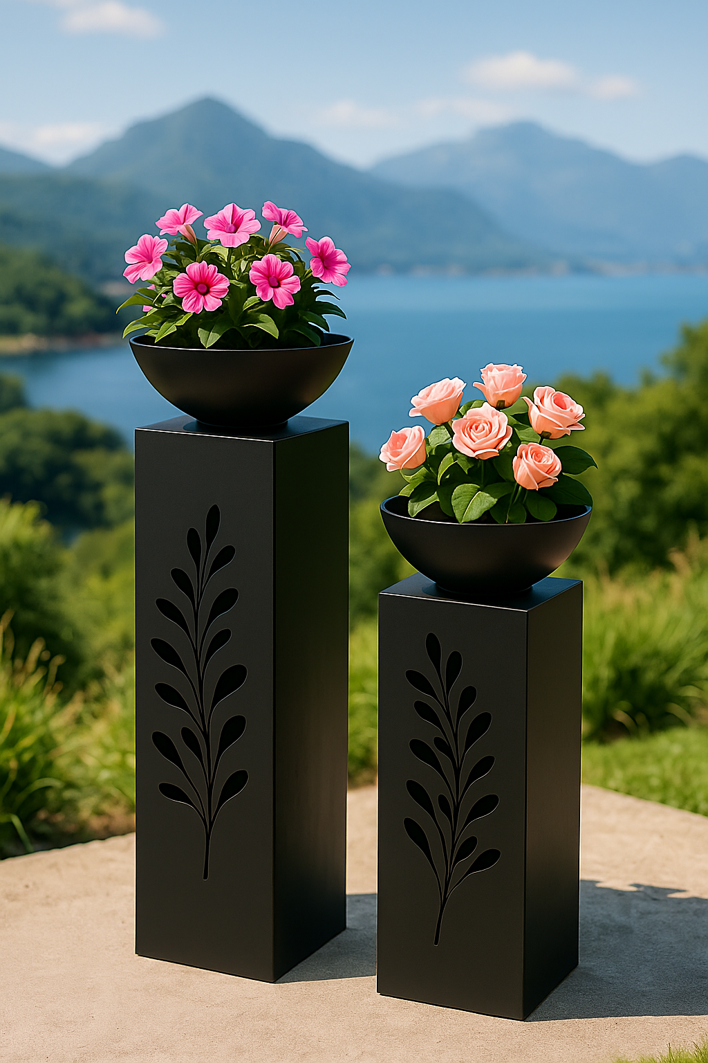 Decoratieve zuilenset Fenja zwart metaal met schaal en bloemmotief