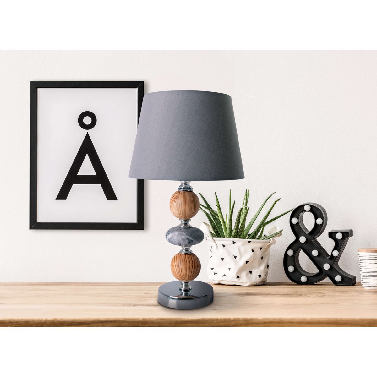 Keramik Tischleuchte "ARAGA" 36 cm hoch, Tischlampe aus Metall, Holz und Marmor, mit Textilschirm, grau, mit E14-Fassung, Beleuchtung für Esszimmer, Wohnzimmer, Diele oder Büro