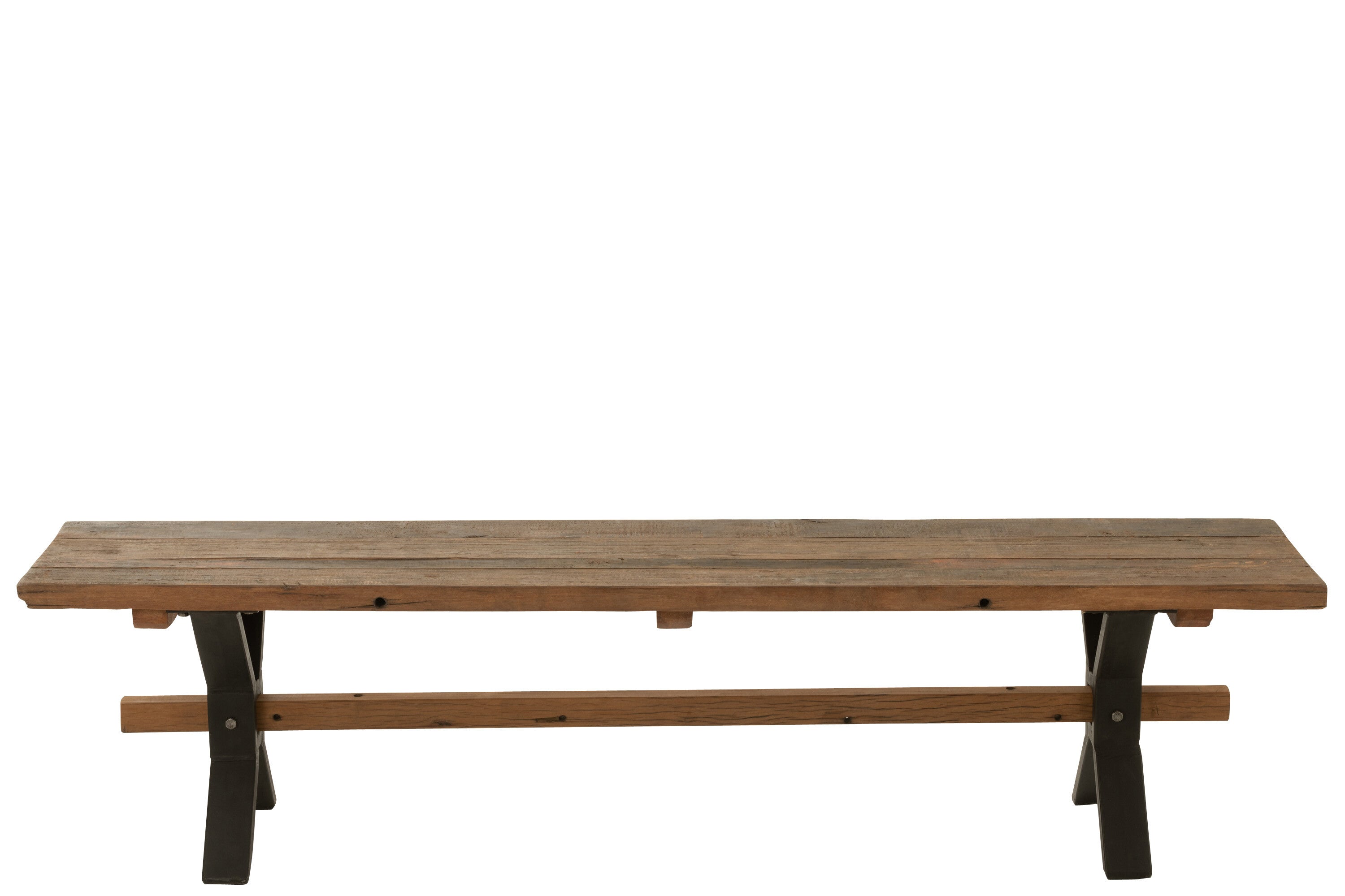 Brown distressed wood rustic bench with black metal frame - Handcrafted masterpiece