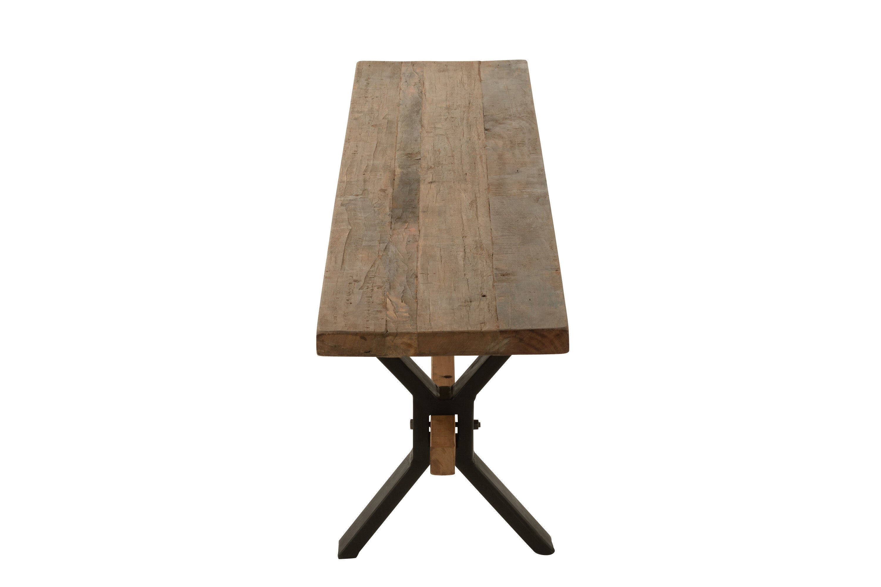 Brown distressed wood rustic bench with black metal frame - Handcrafted masterpiece