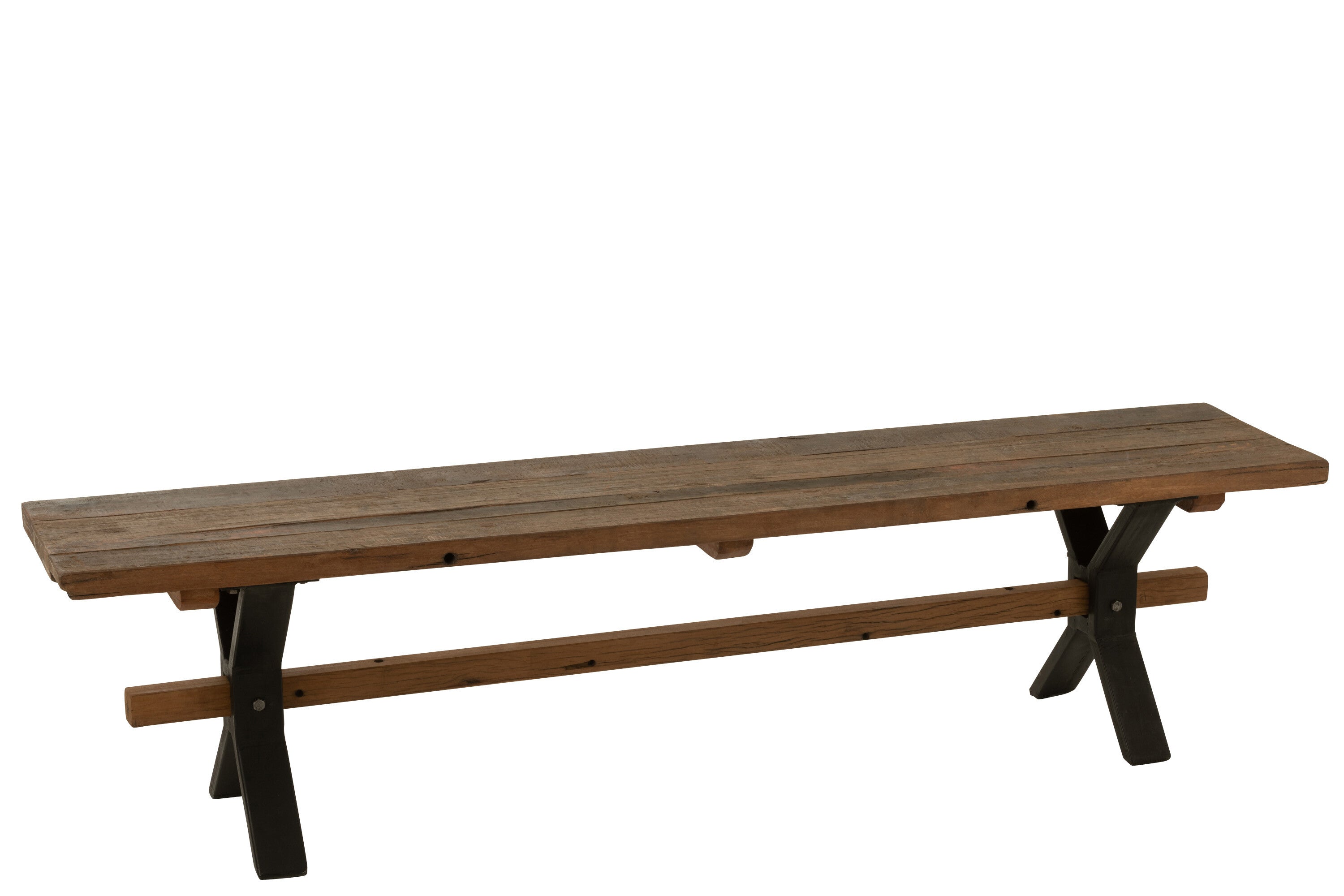 Brown distressed wood rustic bench with black metal frame - Handcrafted masterpiece